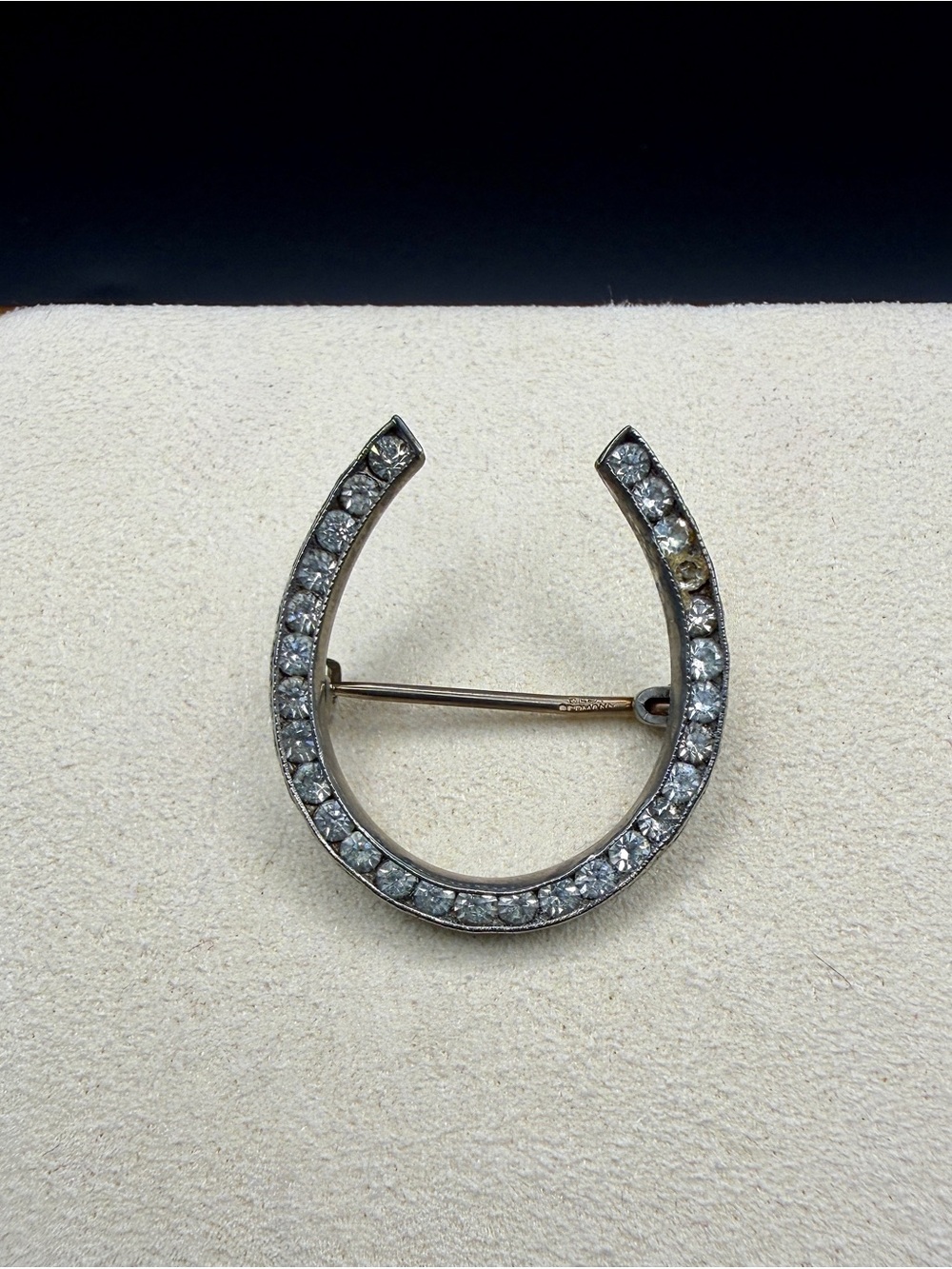 Vintage Horseshoe Brooch with Clear Crystals & Detailed Scrollwork